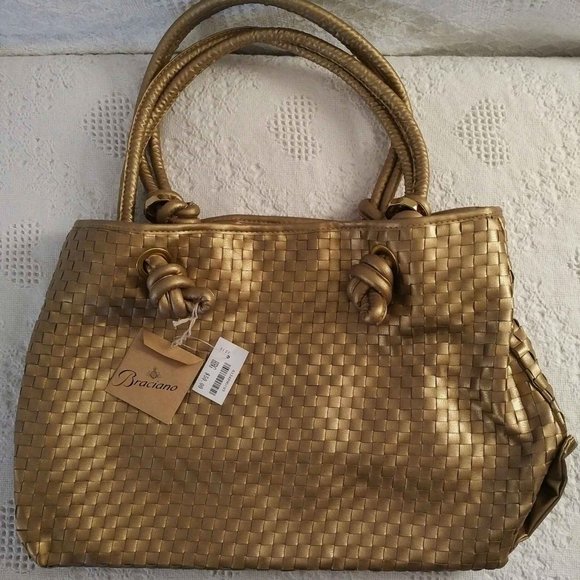 NEW Gold Woven Faux-Leather Handbag/Tote, Leopard Print Interior - Picture 1 of 6